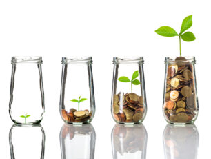 4 jars with a plant growing out of coins